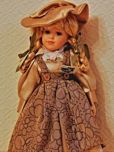 bambola, cappello, vestito, trecce, occhi, marrone, giocattolo, nastrini, porcellana, bionda, capelli, giocattoli