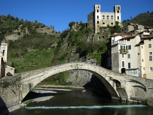 ponte, fiume, castello, arco, torri, acqua, case, montagna, paese