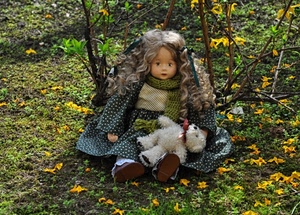 bambola, fiori, erba, orsacchiotto, prato, giallo, orsetto, sciarpa, verde, giocattolo