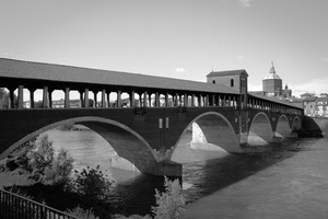 ponte, fiume, archi, bianconero, acqua, cielo, tetto, colonne, piante, alberi, cupola, pavia, coperto