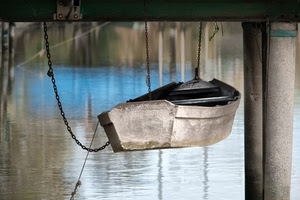 acqua, barca, catene, appesa, catena, pali, lago