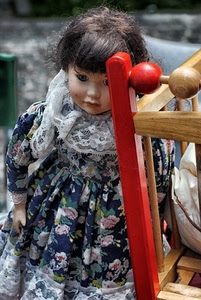 bambola, vestito, giocattolo, rosso, legno, lettino, sfere, fiori