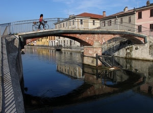 ponte, bicicletta, donna, acqua, riflessi, canale, riflesso, fiume