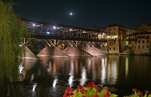 ponte, fiume, luna, notturno, riflesso, luci, notte, acqua