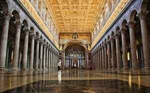 colonne, chiesa, soffitto, archi, navata, oro, capitelli, marmo, riflessi, interno