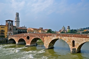 fiume, ponte, acqua, archi, torre, arcate, verona, città, campanile
