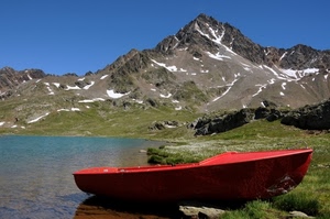 barca, montagna, lago, rosso, montagne, cielo, neve, acqua