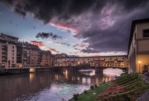 ponte, fiume, firenze, nuvole, acqua, vecchio, cielo, palazzi, arno