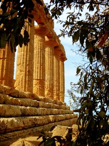colonne, ruderi, tempio, foglie, cielo, rovine, piante