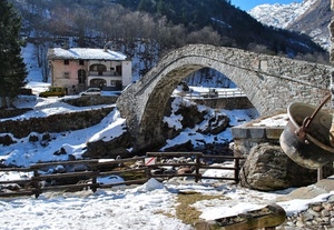 ponte, neve, casa, inverno, secchio, montagna, staccionata, arco, alberi