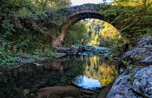 ponte, acqua, riflesso, fiume, rocce, arco, verde