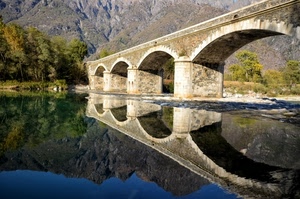 ponte, fiume, riflesso, acqua, alberi, montagna, archi, montagne, arcate, riflessi