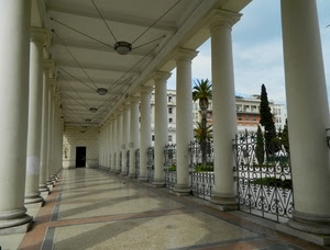 colonne, portico, alberi, prospettiva, marmo, colonnato, bianco