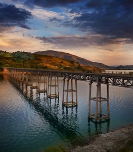 ponte, nuvole, fiume, tramonto, riflesso, mare, acqua, colline, lago, piloni, cielo