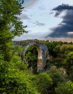 ponte, alberi, arco, verde, nuvole, pietra, raggi, piante