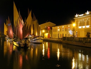barche, vele, canale, riflessi, notturno, notte, acqua, luci, riflesso