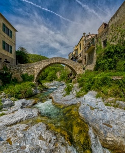 ponte, fiume, acqua, cielo, torrente, nuvole, rocce, case