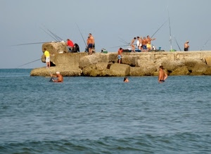 mare, pescatori, canne, bagnanti, molo, acqua, persone, scogli, pesca