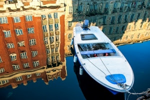 barca, acqua, palazzi, riflessi, bianco, riflesso, azzurro, case