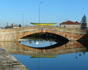 ponte, riflesso, barca, fiume, acqua, arco, lampioni, giallo