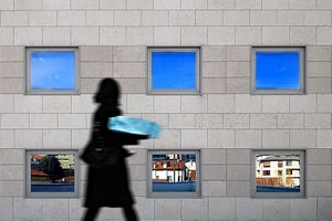 finestre, riflessi, ombra, sei, azzurro, passante