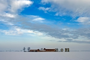 neve, nuvole, alberi, cielo, bianco, case, inverno, fattoria, silos, pianura, paesaggio, cascina, azzurro