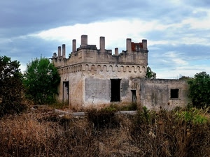 rudere, alberi, cielo, finestre, sterpaglie, abbandono, porte, masseria, rovine