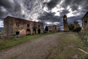 campanile, nuvole, ruderi, cielo, strada, rovine, chiesa