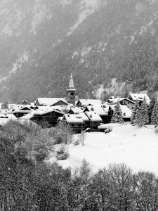 neve, inverno, campanile, paese, alberi, bianconero, tetti, montagna, borgo, paesaggio, case