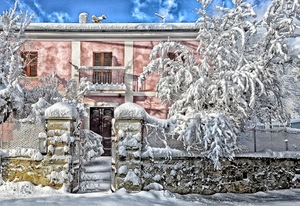 neve, alberi, balcone, inverno, casa, cancello, bianco, porta, scale, ingresso