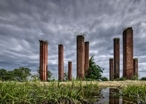 acqua, colonne, ruderi, nuvole, erba, pilastri, cielo, riflesso