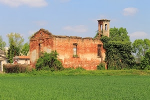 rudere, chiesa, campanile, verde, piante, campagna, prato, erba, alberi