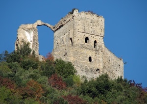 rudere, castello, cielo, rovine, piante, alberi, verde, azzurro, finestre, torre