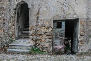 sedia, porta, gradini, scala, porte, rudere, arco, legno, muro, scalini, portone, due