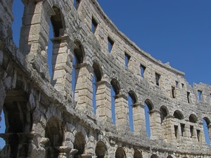 archi, cielo, colonne, anfiteatro, antico, pietre, rudere, rovine