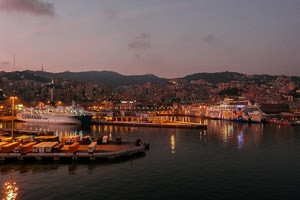 porto, navi, mare, luci, panorama, tramonto, acqua, colline, banchine, container, città