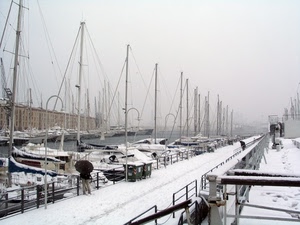 neve, barche, porto, inverno, mare, ombrello, lampioni, bianco