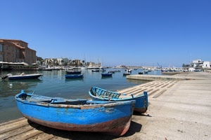 barche, porto, mare, acqua, azzurro, blu, banchina, cielo, due, case