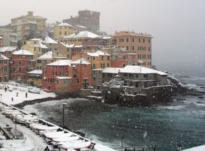 neve, mare, barche, inverno, case, borgo, porto, nevicata