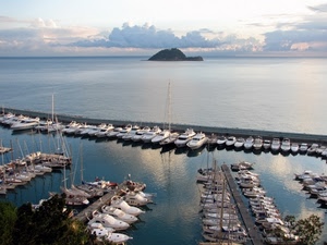 mare, porto, barche, isola, nuvole, cielo, moli, panorama, acqua, molo, isolotto, riflessi, alberi