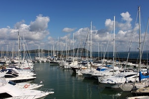 porto, barche, nuvole, mare, alberi, acqua, cielo