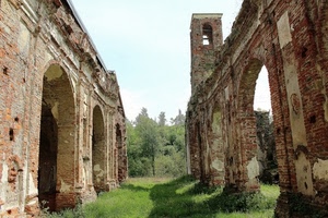 archi, alberi, campanile, ruderi, erba, prato, rovine, chiesa, verde, cielo, mattoni, ombre, rudere, torre, antichità