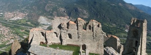 ruderi, panorama, montagna, castello, rudere, montagne, rovine, case, torre