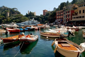 barche, porto, acqua, case, mare, gommone, cielo, alberi