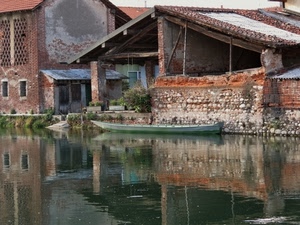 barca, acqua, riflesso, fiume, tetto, mattoni, verde, canale, case, cascina