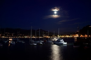 luna, barche, mare, porto, nuvole, notte, notturno, imbarcazioni