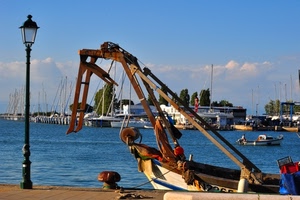 lampione, porto, mare, barche, acqua, bitta, peschereccio, barca, cielo