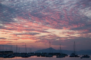barche, nuvole, porto, tramonto, mare, cielo, acqua, rosa, controluce