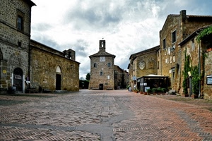piazza, chiesa, case, nuvole, campanile, borgo, campana, paese, cielo, orologio