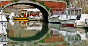 barche, ponte, arco, canale, riflesso, acqua, riflessi, giallo, porto